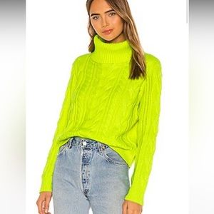 Alice + Olivia Mayme Turtleneck Cable Pullover, Size Small, Neon Yellow